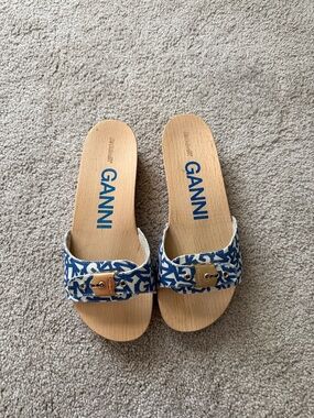Ganni Blue Logo Buckle Mules (Dr. Scholls Collab)